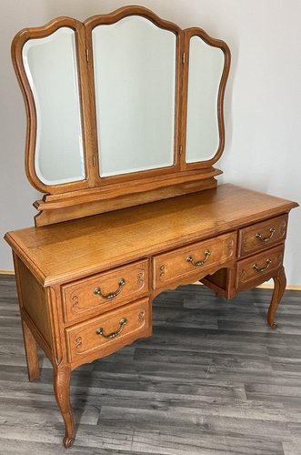 dressing table with mirror old design Vintage French Style Dressing Table, White and Gold Trim, Triple Mirror and Stool