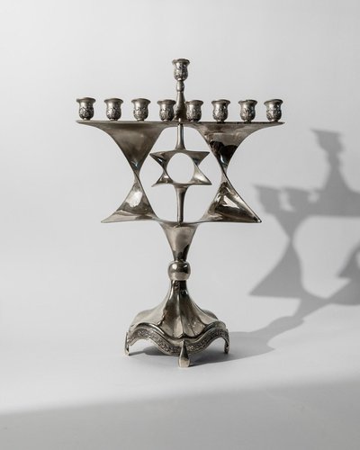 Mid-Century Silver-Plated Hanukkah Menorah with Rotating Star of