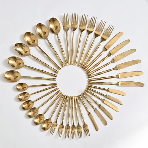 Vintage Messing Besteck mit Bambusmuster, 1970er, 36 . Set bei Pamono kaufen