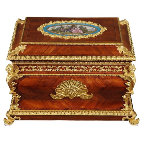 Large Louis XV Style Casket in Rosewood, Gilt Bronze and Porcelain