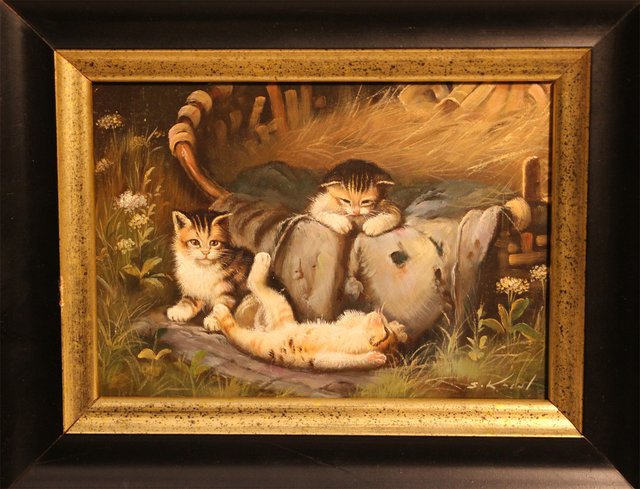 Samuel Koch, Playful Kittens, 20th Century, Oil on Wood, Framed