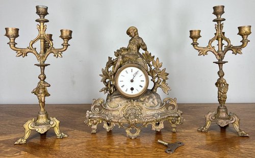 Vintage French Style Mantel Clock with Matching Candelabras, Set