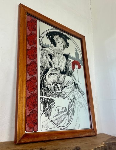 Vintage Art Nouveau Mirror with Christmas Noel Illustration by