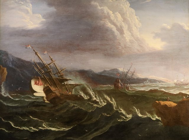 Workshop of Matthieu Van Plattenberg, Stormy Navy with Vessels