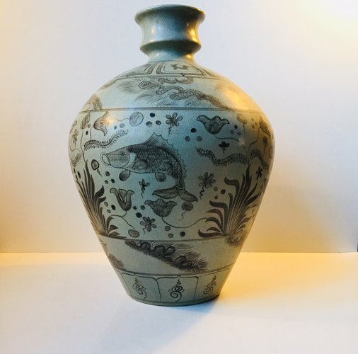 Graue Dänische Art Deco Bodenvase aus Keramik von Lyngby Porcelæn