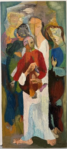 Alfred Rogoway, Composición figurativa, 1960, Óleo sobre tabla en venta ...