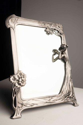 【天使と薔薇のミラー】【シルバープレート】Art Nouveau Art Nouveau Mirror with Female Figure and Floral Decoration from
