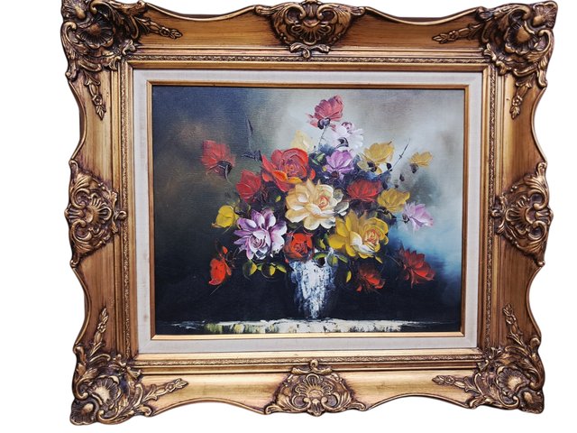 Tableau avec cadre bois doré huile sur toile Nature Morte au bouquet de fleurs