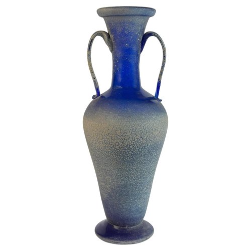 Murano Cobalt Blue Glass Amphora Vase in Scavo Finish by Seguso
