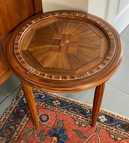 Grande table basse Art Déco ronde à deux plateaux en bois ex