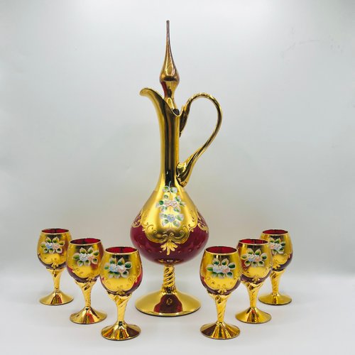 Ruby Red Murano Glass Tre Fuochi Decanter and Liqueur Service