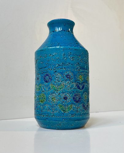 Rimini-Blue Stoneware Vase with Sunflowers by Aldo Londi for
