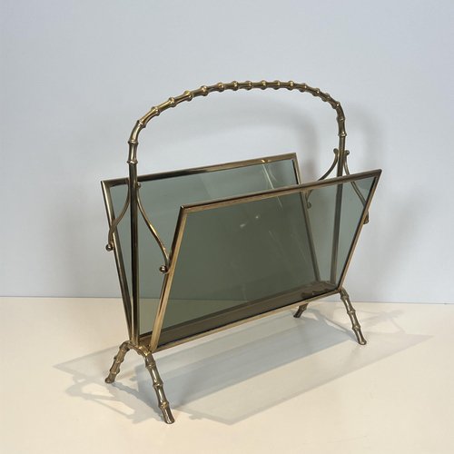 Brass and Smoked Glass Magazine Rack with Bamboo-Effect Finish ...