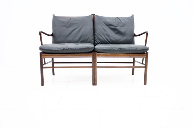 Colonial Sofa In Rosewood And Black Leather By Ole Wanscher For Poul Jeppesen 1960s