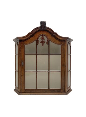 Walnut Veneer Wall Display Cabinet with Ornament and White Shelves