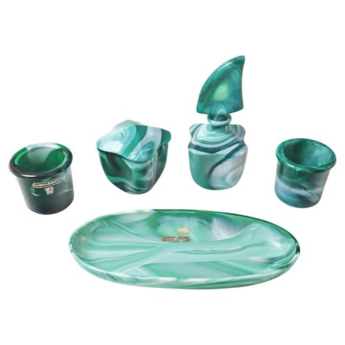 Green White Mouth-Blown Glass Dressing Table Set, 1950s, Set of 5