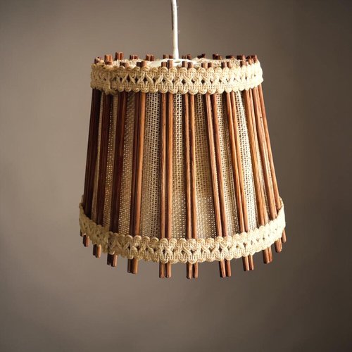 Mid-Century Scandinavian Rustic Wood and Burlap Hanging Lamp