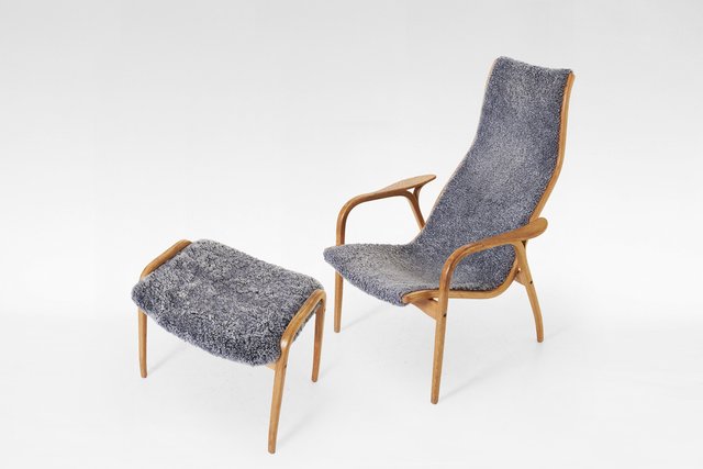 Set of Vintage Grey Sheepskin Lamino Lounge Chair and Ottoman by