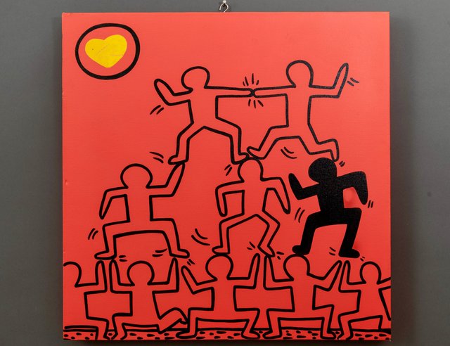 1990s Abstract Keith Haring Style Acrylic on Canvas Red Painting