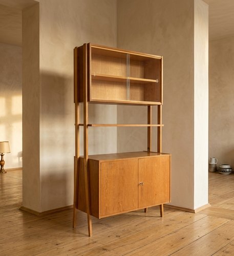 Mid-Century Oak Veneer Wall Shelf Bookcase by František Jirák for