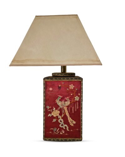 Vintage Oriental Table Lamp with Embroidered Silk Panels, 1960s
