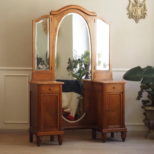 Grnderzeit Dressing Table with Three-Winged Mirror and Marble Top, 1890s for sale at Pamono Grnderzeit Dressing Table with Three-Winged Mirror and Marble Top, 1890s for sale at Pamono