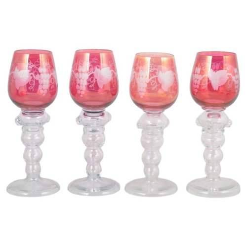 Bohemian Crystal Red Wine Glasses with Flowers and Grapes Motif, 1940s, Set  of 4 for sale at Pamono