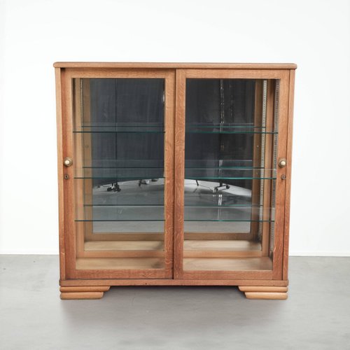 Antique Dutch Oak Display Cabinet with 2 Doors, Glass Shelves and