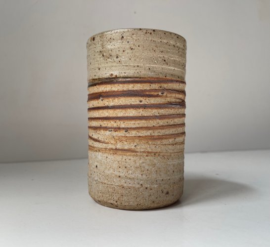 Vintage Cylindrical Vase in Striped Glazed Stoneware by Tue