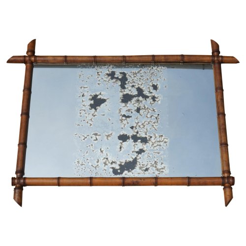 Large Antique French Faux Bamboo Wall Mirror with Foxed Glass for