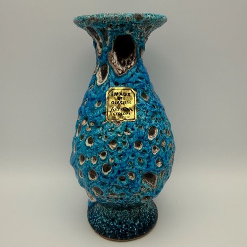 Brutalist Fat Lava Blue Turquoise Ceramic Vase by Charles Cart