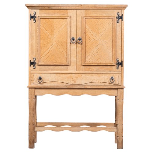 Small Brutalist Oak Cabinet with Brass Handles, Denmark, 1960s for