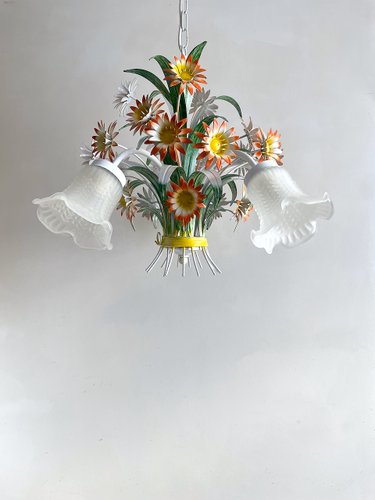 Vintage European Floral Tole Chandelier with Frosted Glass Tulip
