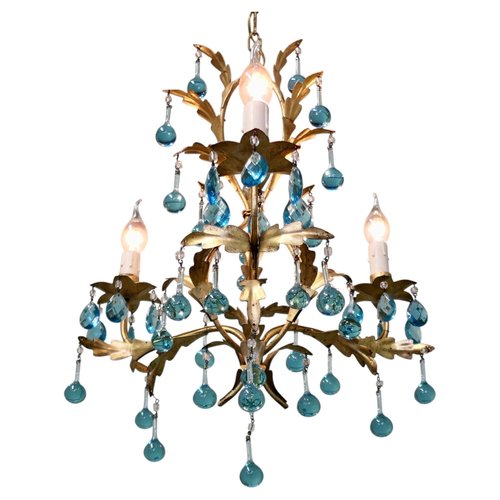 シャンデリア　1920年　フランス（青と虹）アンティーク　オパールセント Vintage French Turquoise Crystal and Tolewear Chandelier, 1920 for