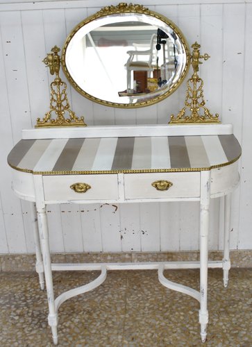Louis XVI French Dressing Table with Gilt Oval Mirror, 1960s