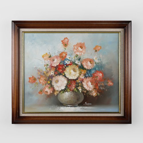 ベルギー画家Edmond Sanders エドモンドサンダース『バラの静物画』 Edmond Sanders, Vase with Flowers, 1950s, Oil on Canvas, Framed