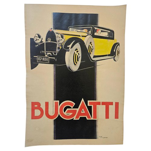 BUGATTI 額装ポスター アートパネルビンテージ Art Deco Bugatti Automobile Advertising Poster, 1930s for sale at