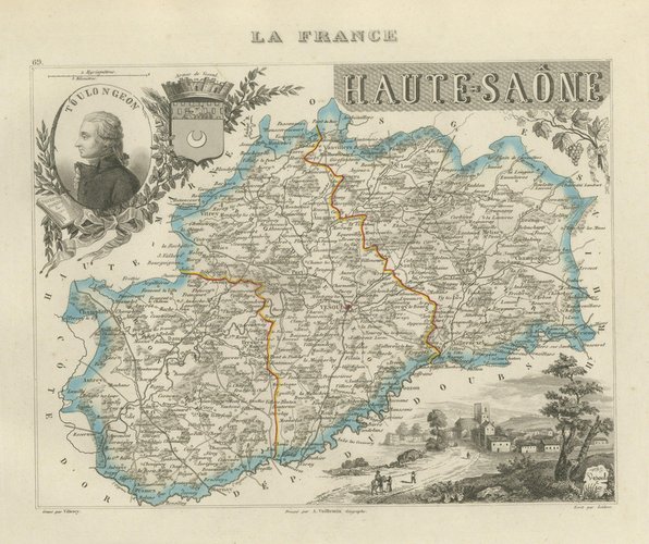 Antique Map of the Haute-Saone, Vesoul and Gray by Vuillemin, 1860