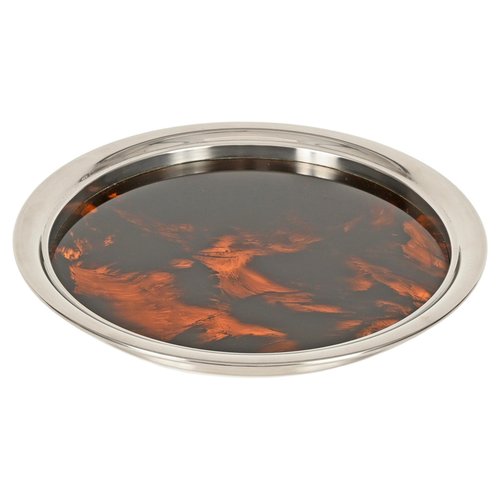 Plateau Rond ou Milieu de Table en Verre Acrylique Écailles de Tortue et Chrome de Dior, 1970