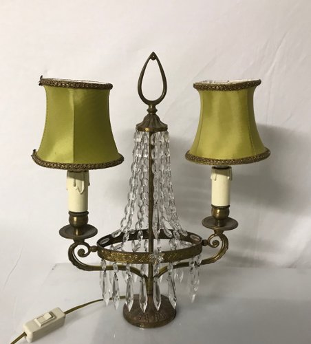 Clear Glass /& Silver 2-Light Dual Desk or Table Lamp and Silk Shades Antique Vintage 1940s