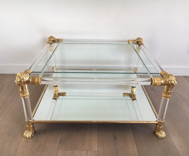 アンティークlion Glass Top Coffee Table French Acrylic Glass Coffee Table with Gilt Lion Heads & Feet