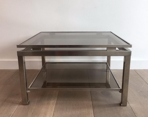 Brushed Steel Side Tables With Smoked Glass By Guy Lefevre For Maison Jansen 1970s Set Of 2