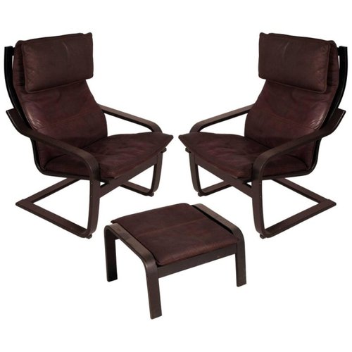 Pair Of Model Poang Leather Cantilever Chairs With Footrest By