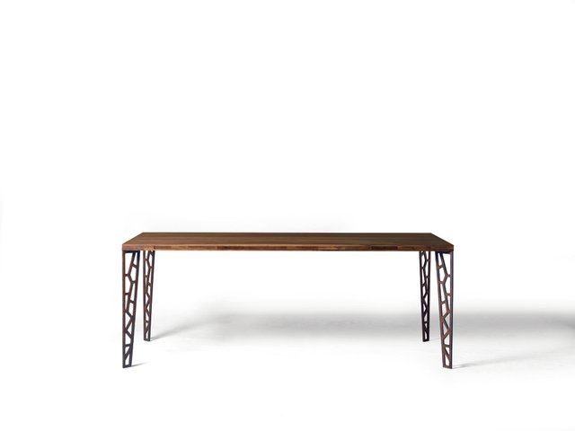 Small Oiled Natural Walnut Fixed Table With Perforated Metal Legs