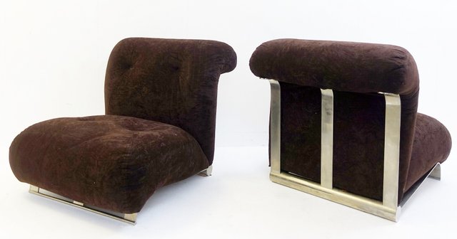 Vintage Brushed Chrome And Brown Velvet Chairs Set Of 2 For Sale