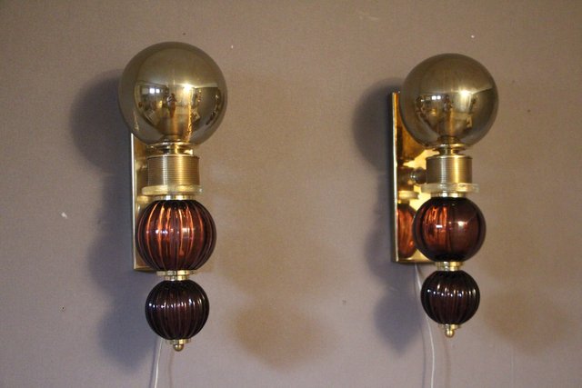 Italienische Wandlampen aus Muranoglas in Grau & Lila, 1980er, 2er Set