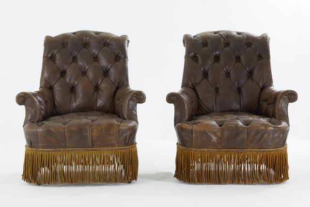 19th Century French Leather Armchairs Set Of 2 For Sale At Pamono