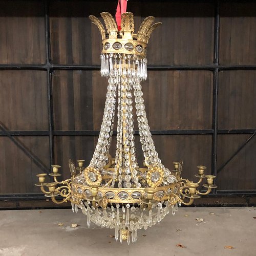 Large Antique Belgian Brass Chandelier with Crystal Glass Prisms Large Antique Belgian Brass Chandelier with Crystal Glass Prisms