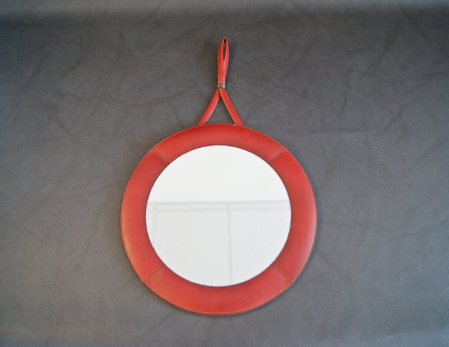 Red Leather Wall Mirror 1960s
