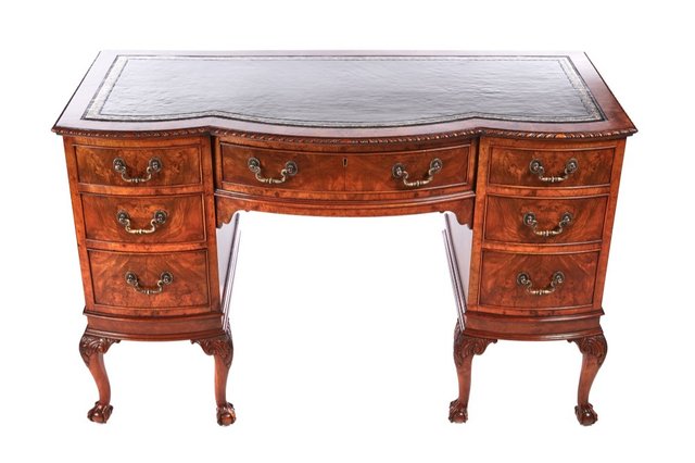 Antique Burr Walnut Freestanding Knee Hole Writing Desk For Sale